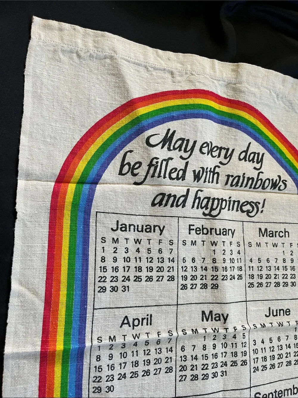 Vtg Linen Calendar 1984 Tea Kitchen Towel RAINBOW Flowers Leap Year Birthday